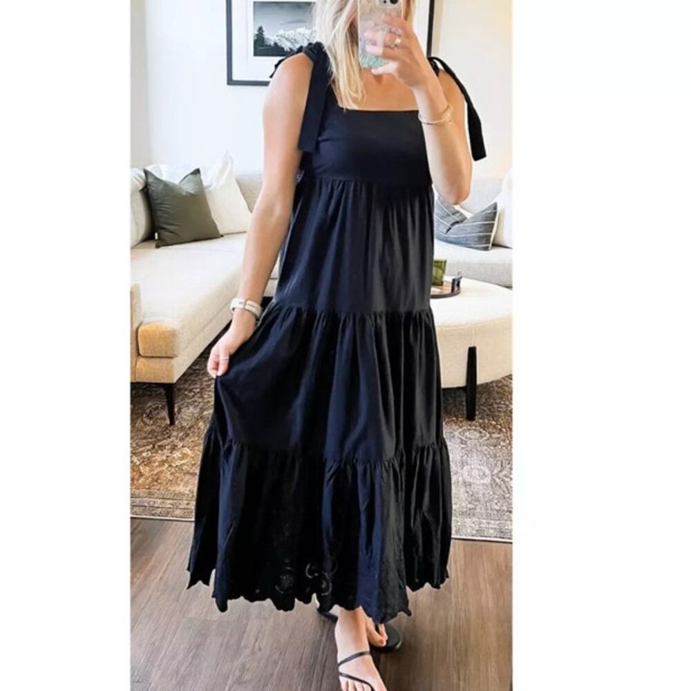 Jason Wu Black Tiered Lace Maxi Dress with Tie Straps Size XS